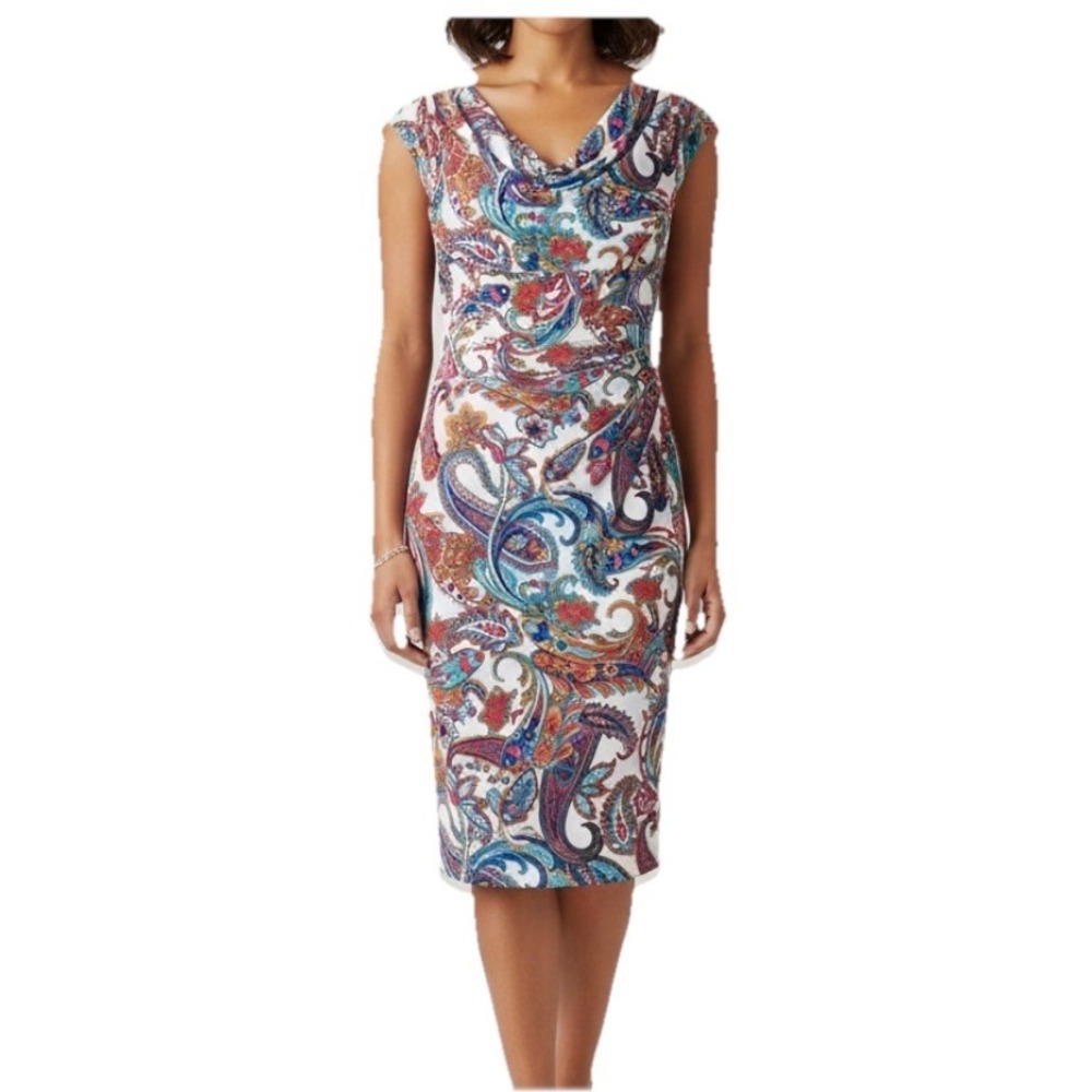 Ralph Lauren Colorful Paisley Cowl Neck Ruched Sleeveless‎ Stretch Dress Size 16